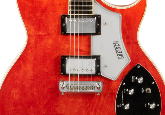 Detail of a photo of one of Johnny Marr's Gretsch guitars, focused in on the pickups.